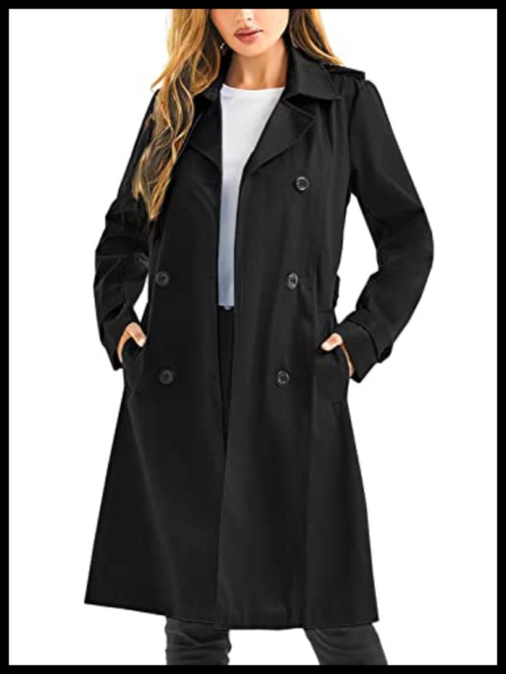 Waterproof Long Trench Coat Double Breasted Belted Windbreaker with Hood
